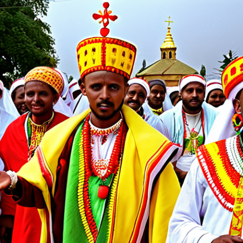 Home 27 **A vibrant Ethiopian festival scene. Colorful traditional clothing, people celebrating Enkutatash (Ethiopian New Year) with flowers and music. In the background, an Ethiopian Orthodox church.**
