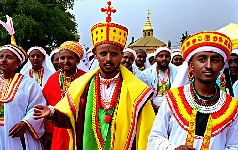 **A vibrant Ethiopian festival scene. Colorful traditional clothing, people celebrating Enkutatash (Ethiopian New Year) with flowers and music. In the background, an Ethiopian Orthodox church.**