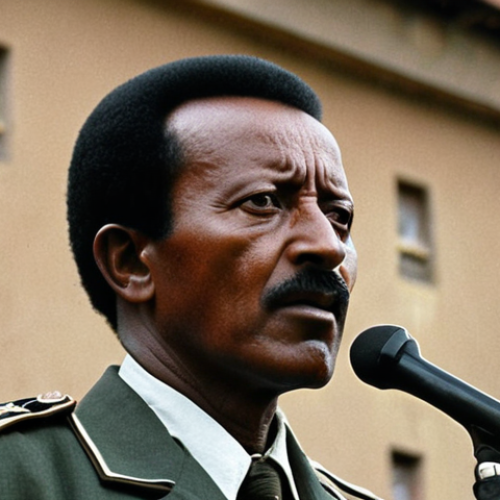 Home 26 **Image:** A powerful, yet somber portrait of Mengistu Haile Mariam during his time as leader of Ethiopia. The background should hint at the political turmoil and socialist ideals of the era. Consider incorporating elements like a faint silhouette of revolutionary symbols or a crowd scene.