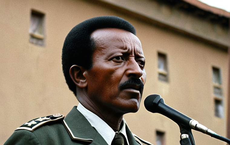 **Image:** A powerful, yet somber portrait of Mengistu Haile Mariam during his time as leader of Ethiopia. The background should hint at the political turmoil and socialist ideals of the era. Consider incorporating elements like a faint silhouette of revolutionary symbols or a crowd scene.