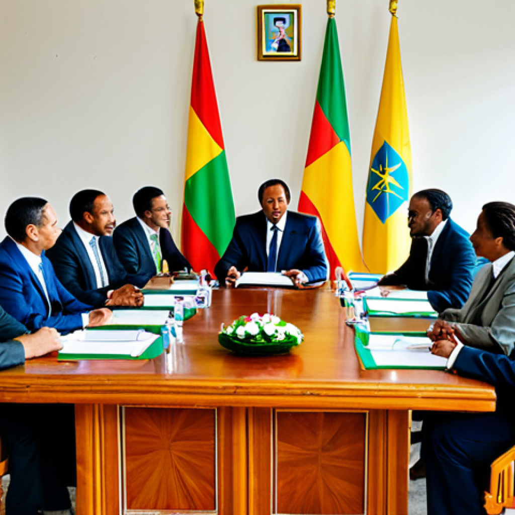**

"A peace negotiation scene in Addis Ababa, Ethiopia. Diplomats in professional attire sit around a table, discussing terms. Background shows the Ethiopian flag and symbols of unity. Fully clothed, appropriate content, safe for work, professional setting, perfect anatomy, natural proportions, modest clothing."

**