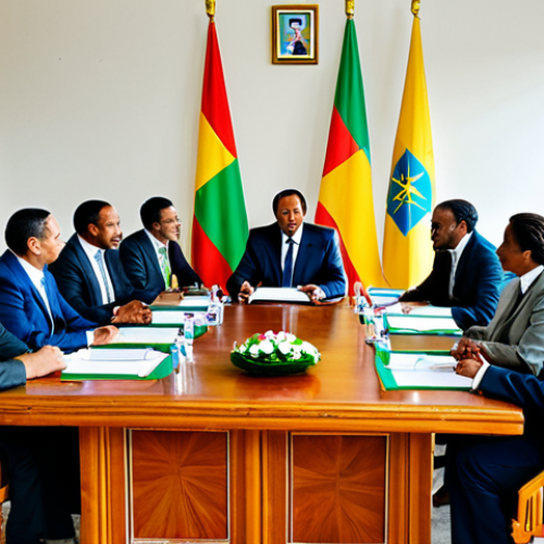 Home 25 **
"A peace negotiation scene in Addis Ababa, Ethiopia. Diplomats in professional attire sit around a table, discussing terms. Background shows the Ethiopian flag and symbols of unity. Fully clothed, appropriate content, safe for work, professional setting, perfect anatomy, natural proportions, modest clothing."
**