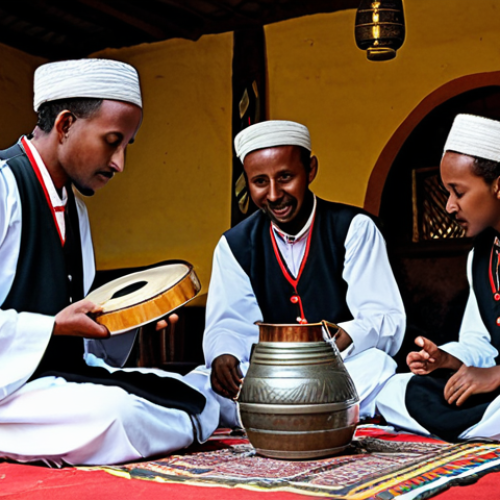 Home 24 Traditional Ethiopian Music Scene**
"A professional photograph of an Ethiopian musician playing the Krar in a traditional setting, perhaps a coffee house or cultural center in Addis Ababa. The musician is fully clothed in modest, traditional Ethiopian attire. Other people are present, enjoying the music. Background includes traditional Ethiopian decor. Perfect anatomy, correct proportions, well-formed hands. Safe for work, appropriate content, fully clothed, family-friendly."
**