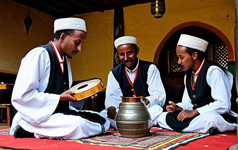 Traditional Ethiopian Music Scene**

"A professional photograph of an Ethiopian musician playing the Krar in a traditional setting, perhaps a coffee house or cultural center in Addis Ababa. The musician is fully clothed in modest, traditional Ethiopian attire. Other people are present, enjoying the music. Background includes traditional Ethiopian decor. Perfect anatomy, correct proportions, well-formed hands. Safe for work, appropriate content, fully clothed, family-friendly."

**
