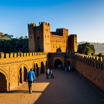 "A professional photographer capturing the majestic Fasil Ghebbi castle in Gondar, Ethiopia, during the golden hour. The ancient stone architecture is bathed in warm sunlight, with clear blue skies in the background. Tourists in modest clothing explore the grounds. Perfect anatomy, correct proportions, well-formed details, safe for work, appropriate content, fully clothed, professional photography."