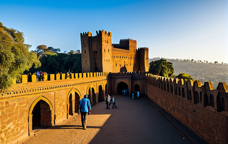 "A professional photographer capturing the majestic Fasil Ghebbi castle in Gondar, Ethiopia, during the golden hour. The ancient stone architecture is bathed in warm sunlight, with clear blue skies in the background. Tourists in modest clothing explore the grounds. Perfect anatomy, correct proportions, well-formed details, safe for work, appropriate content, fully clothed, professional photography."