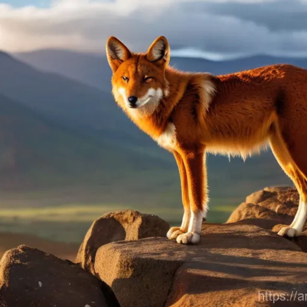 에티오피아 고원 지역의 동식물 - A rare and majestic Ethiopian wolf stands proudly on a rugged, ancient rock outcropping in the vast ...