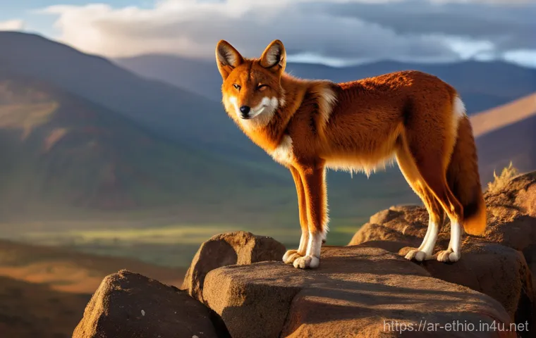 에티오피아 고원 지역의 동식물 - A rare and majestic Ethiopian wolf stands proudly on a rugged, ancient rock outcropping in the vast ...