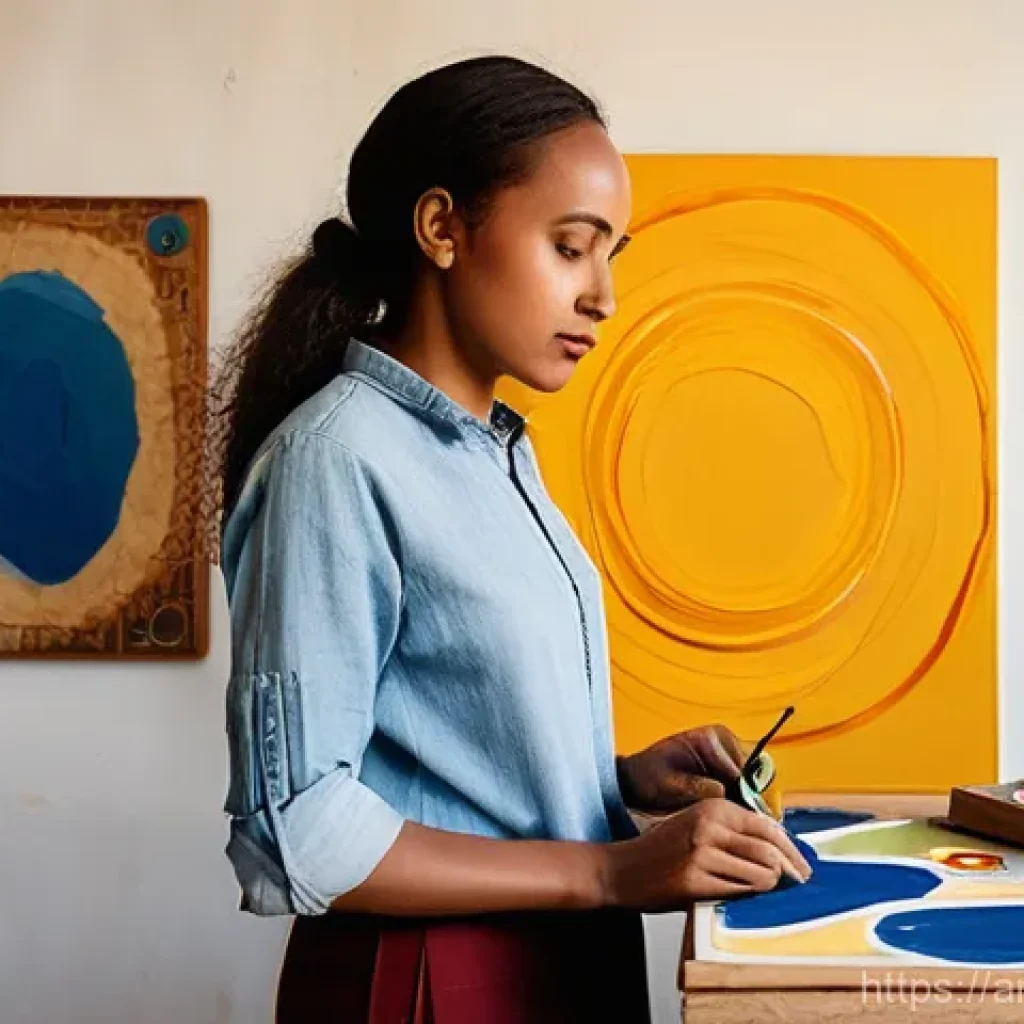 에티오피아의 현대 미술 트렌드 - **Prompt:** A dynamic, wide-angle shot of a bright, sunlit art studio in Addis Ababa. In the foregro...