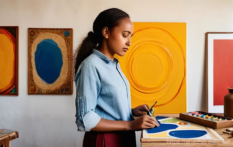 에티오피아의 현대 미술 트렌드 - **Prompt:** A dynamic, wide-angle shot of a bright, sunlit art studio in Addis Ababa. In the foregro...