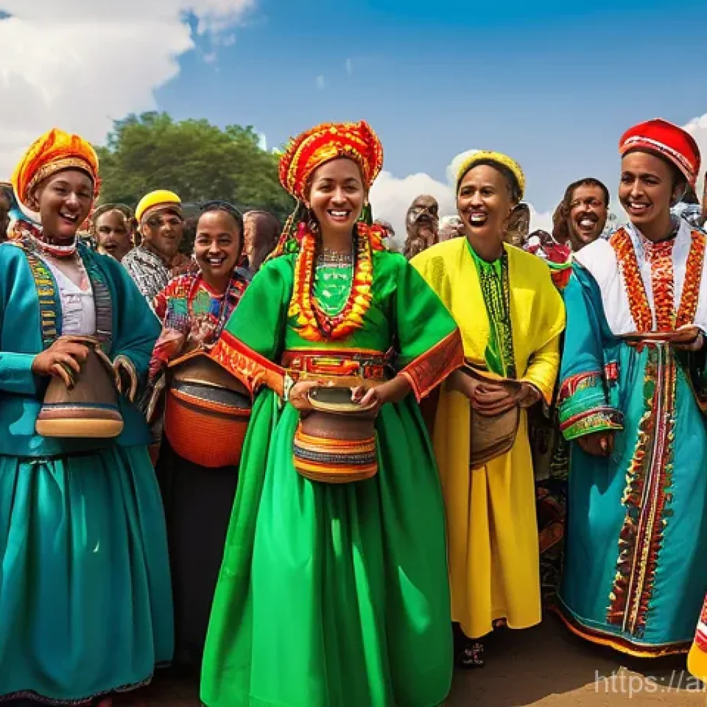 에티오피아 민족 구성 및 특징 - **"A vibrant and joyous Ethiopian cultural festival. The scene depicts a diverse group of Oromo and ...