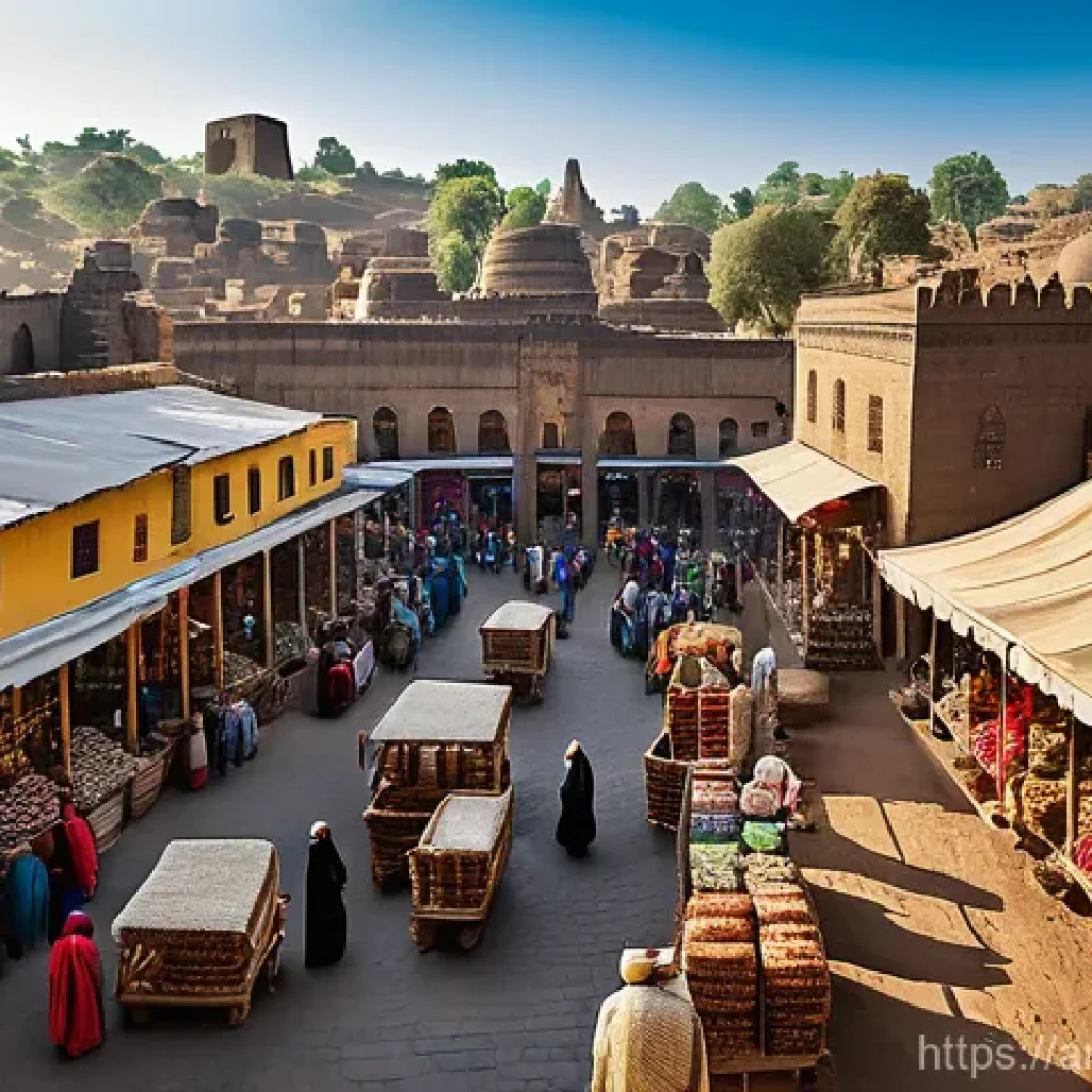 에티오피아 고대 문명 탐구 - **Prompt:** A bustling ancient marketplace in the city of Axum, Ethiopia. Colossal, intricately carv...