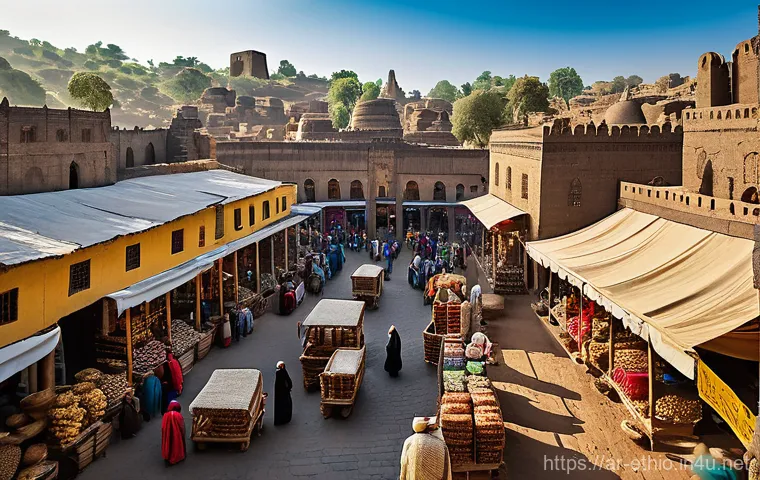 에티오피아 고대 문명 탐구 - **Prompt:** A bustling ancient marketplace in the city of Axum, Ethiopia. Colossal, intricately carv...