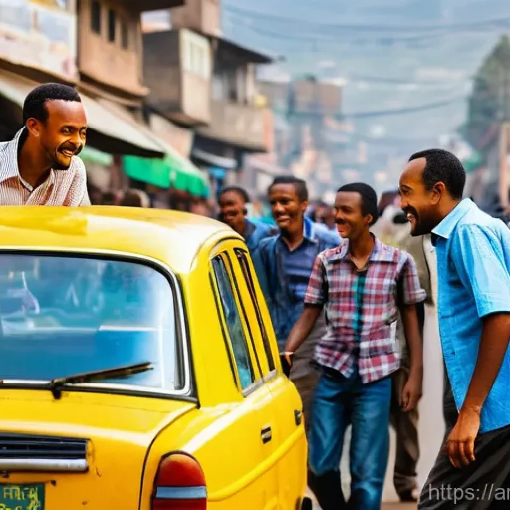 에티오피아 대중교통 이용법 - **A Lively Addis Ababa Street with a Yellow Taxi**
    "A bustling, vibrant street scene in Addis Ab...