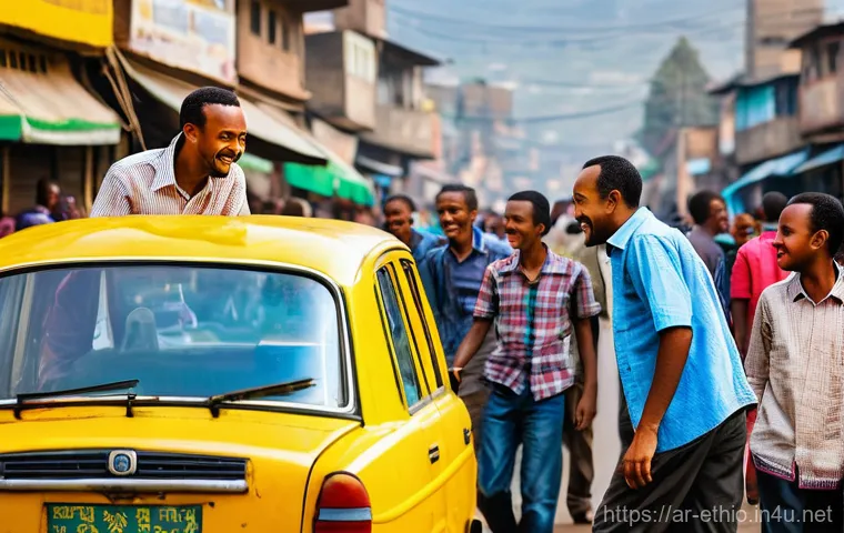 에티오피아 대중교통 이용법 - **A Lively Addis Ababa Street with a Yellow Taxi**
    "A bustling, vibrant street scene in Addis Ab...
