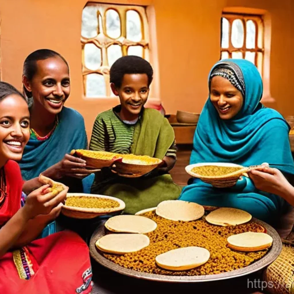 에티오피아에서 전통 음식을 체험하는 방법 - **Prompt 1: Ethiopian Communal Feast with Injera**
    "A vibrant, wide-angle shot of an Ethiopian f...
