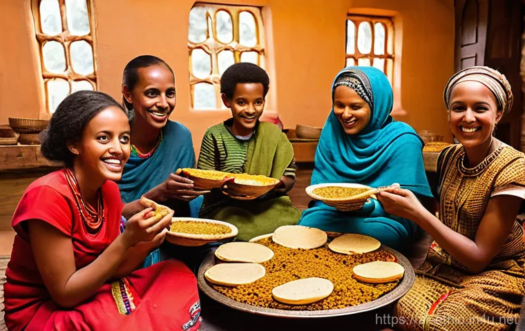 에티오피아에서 전통 음식을 체험하는 방법 - **Prompt 1: Ethiopian Communal Feast with Injera**
    "A vibrant, wide-angle shot of an Ethiopian f...