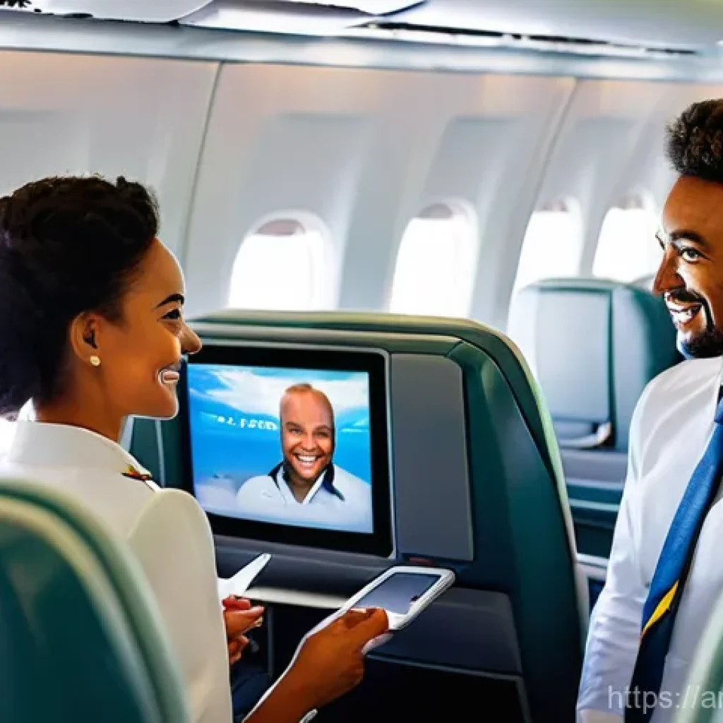 에티오피아 항공 리뷰 - **Prompt:** A modern Ethiopian Airlines economy class cabin during a smooth, long-haul flight. The s...