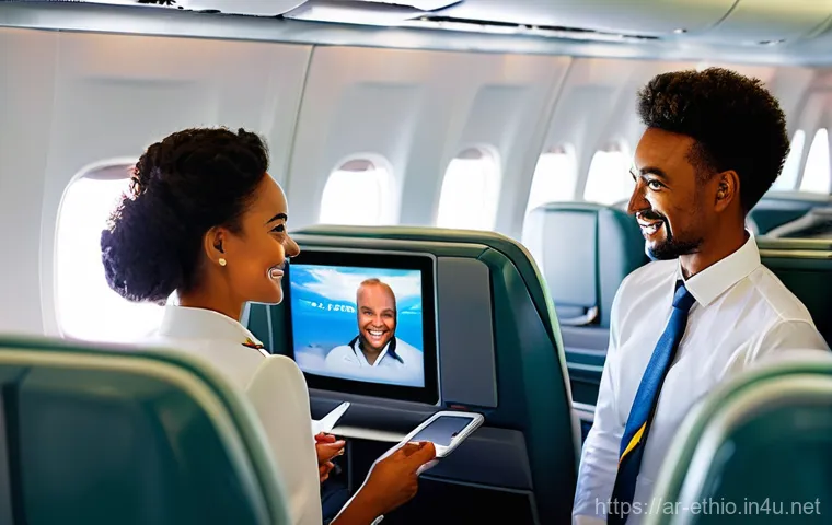 에티오피아 항공 리뷰 - **Prompt:** A modern Ethiopian Airlines economy class cabin during a smooth, long-haul flight. The s...