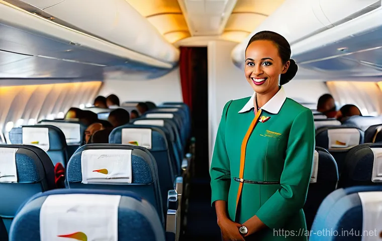 에티오피아 항공 리뷰 - **Prompt:** A modern Ethiopian Airlines economy class cabin during a smooth, long-haul flight. The s...