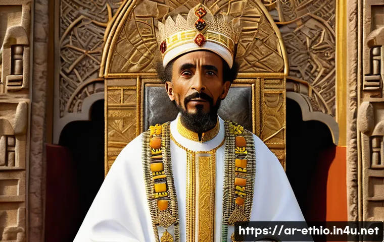 에티오피아 제왕 하일레 셀라시에 - A detailed portrait of Emperor Haile Selassie in traditional Ethiopian royal attire, featuring intri...