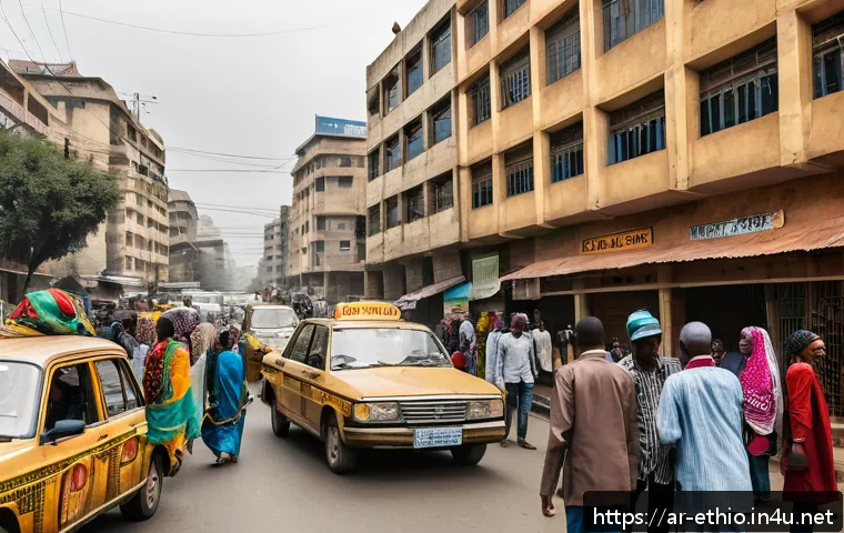 에티오피아 치안과 주의사항 - A bustling street scene in Addis Ababa, Ethiopia during daytime, showing a diverse crowd of locals a...