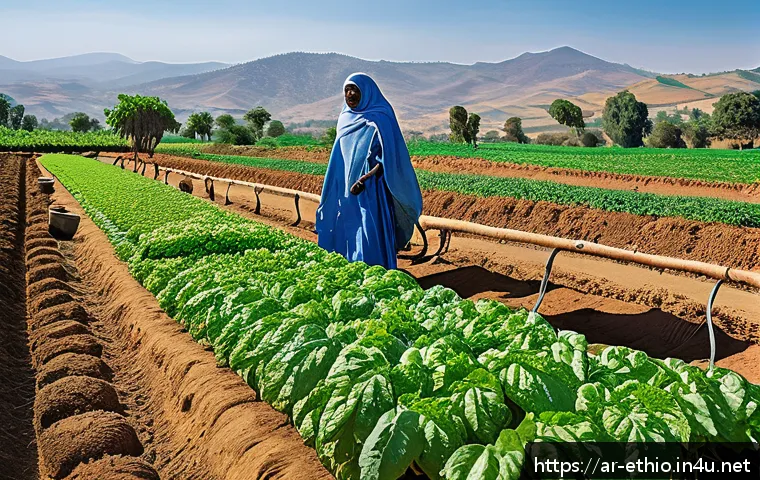에티오피아 농업 혁신 사례 - A vibrant Ethiopian rural farm scene showcasing smart irrigation technology in action: local farmers...