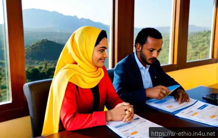Home 17 에티오피아에서 여행자 보험 선택하기 - Photorealistic travel insurance planning scene for Ethiopia, an Arab couple in modest contemporary c...